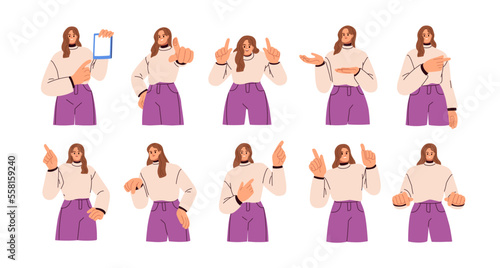 Person pointing with index finger, indicating. Happy woman showing up and down, to side with hand gesture, presenting, advertising, informing. Flat vector illustrations isolated on white background