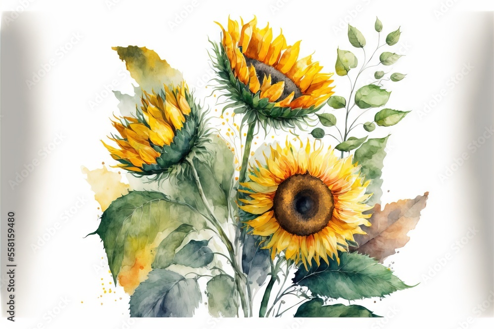 a watercolor painting of a sunflower and leaves on a white background ...