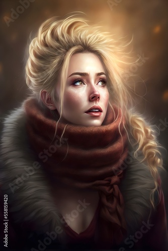 A beautiful woman with Slavic beauty and blond curly hair dressed in a winter coat and a thick fluffy shawl. Generative AI illustration. Creative digital painting.