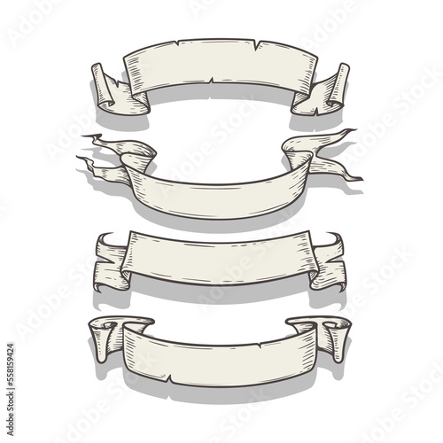 Scrolls sketch set. Vintage hand drawn banners and sketched swirl ribbons collection. Vector illustration isolated on white background.