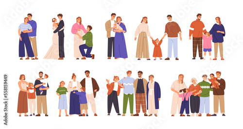 Growing family life stages concept. Love couple relationship development, marriage, pregnancy, becoming parents, mother and father for children. Flat vector illustrations isolated on white background