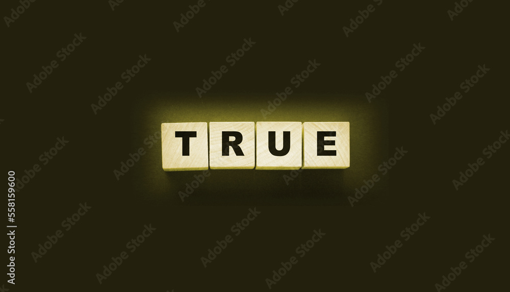 concept word true on wooden cubes on black background concept word true on wooden cubes on black background