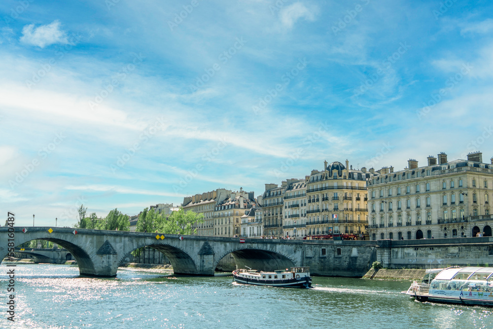 City Seine River in France with antique-looking buildings and a bridge called le Pont Royal