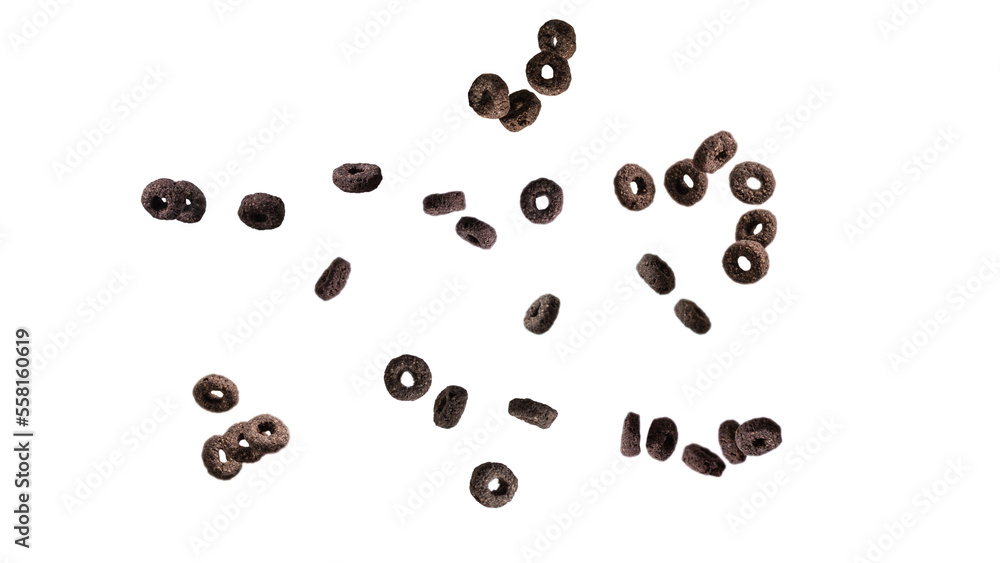 Chocolate rings cereal spill out into a bowl. Breakfast. Chocolate rings cereal spill out into a bowl. Breakfast.