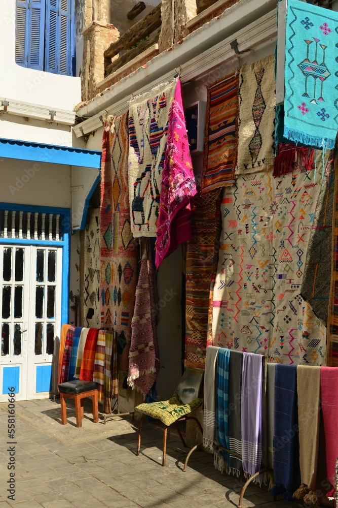 Essaouira,Morocco,Africa- carpet stall in the souk of the Medina.