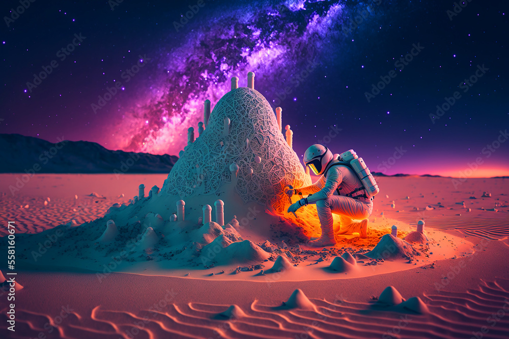 astronaut building a sand castle on a beach. Generative AI