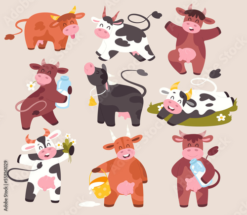 Fototapeta Naklejka Na Ścianę i Meble -  Funny cartoon cows flat icon. Cute domestic animal. Milk in bottle, nutritious grass and chamomile