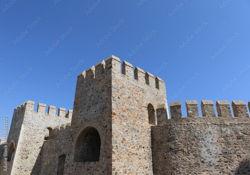 Walls of Anamur aka Mamure Castle with Blue Sky Background in Anamur, Turkey