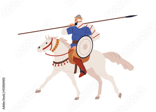 Arab warrior riding horseback. Historical Arabian horse rider, armored with lance, spear. Medieval history horseman fighter with shield, weapon. Flat vector illustration isolated on white background