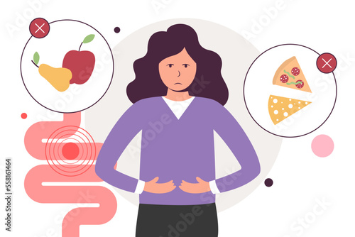 Character with food allergy. Problem with stomach. Hypersensitivity to components of the food