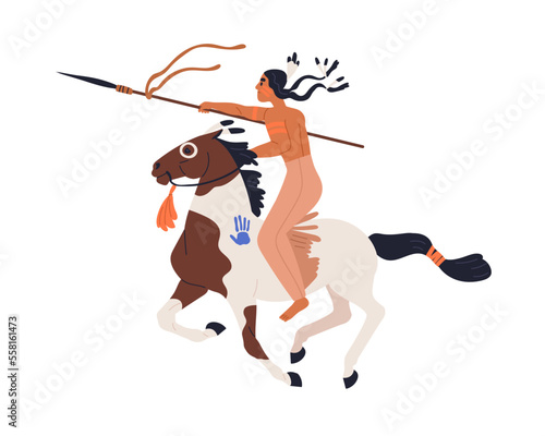 Apache tribal warrior riding horseback. Armored Native American horse back ri...