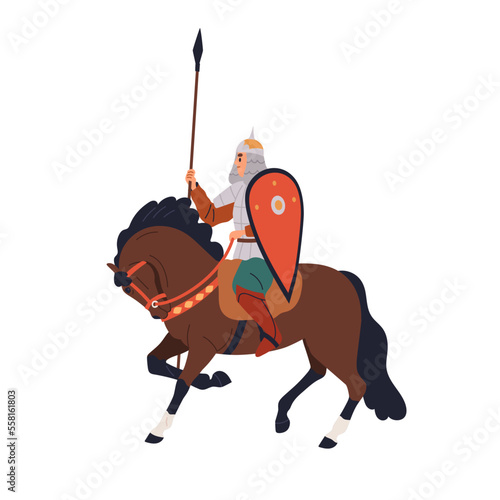 Armored Russian warrior, horse rider with lance and shield. Bogatyr of Ancient Russia, riding horseback. Slavic medieval horseman. Historical flat vector illustration isolated on white background