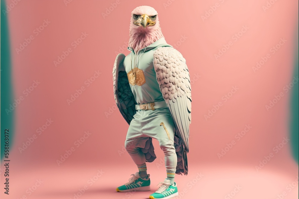 Falcon dressed in hiphop clothes with gangster vibes, pastel colored. Generative AI Falcon dressed in hiphop clothes with gangster vibes, pastel colored. Generative AI