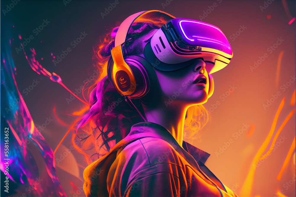 Colorful illustration of girl wearing vr headset and headphones. generative ai