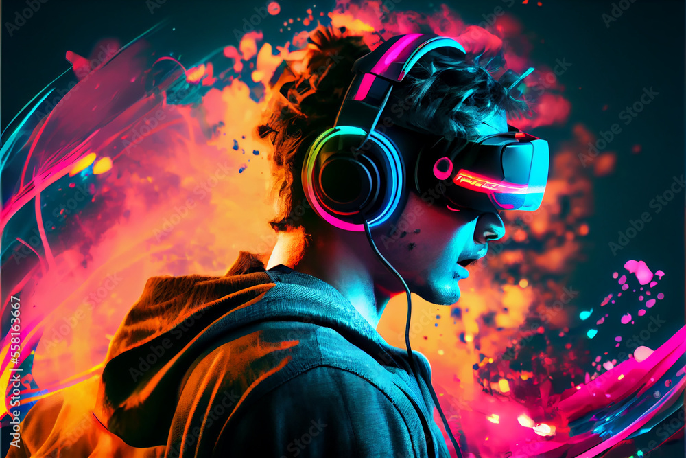 Colorful illustration of boy wearing vr headset and headphones. generative ai Colorful illustration of boy wearing vr headset and headphones. generative ai