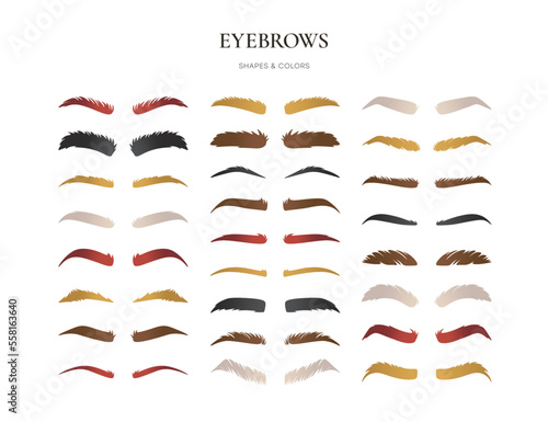 Eyebrows flat icons set. Different curved eyebrow shapes. Shaggy, bushy silver, black, brown cosmetology