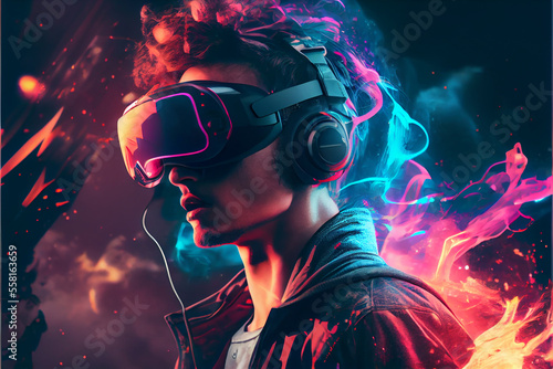 Colorful illustration of boy wearing vr headset and headphones. generative ai