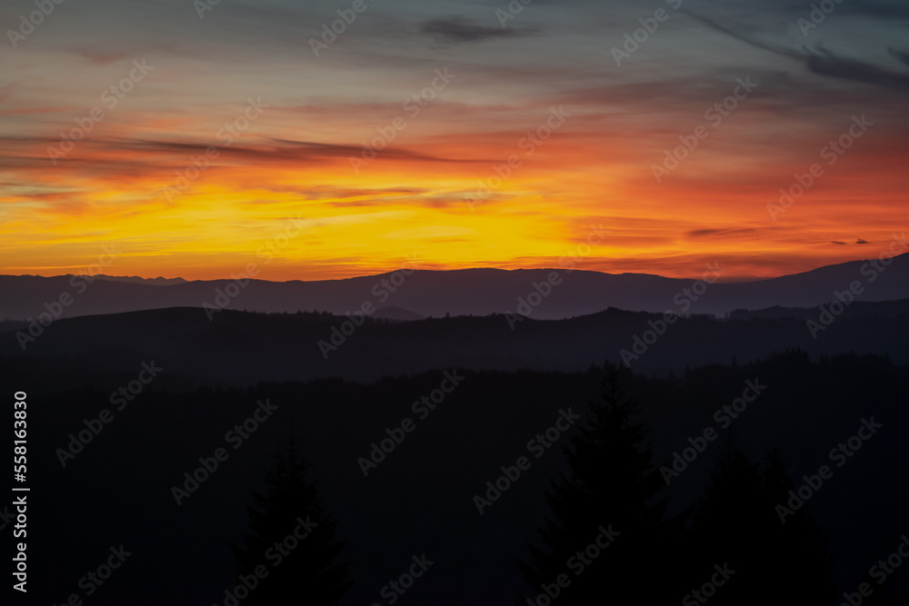 Red sunset in the mountains 