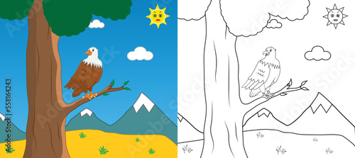 Cute cartoon eagle coloring page with line art vector illustration