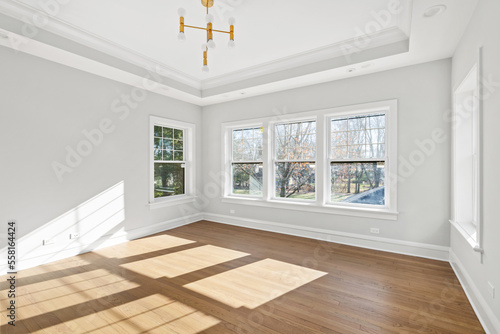 Modern and Neutral Bedroom. Vacant room with hardwood floors, gold chandelier, and window for virtual staging.
