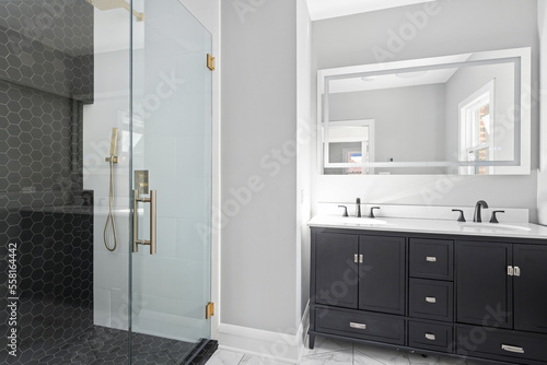 Sleek and Modern Black and White Bathroom. Enclosed Glass Door Shower with dual tone tile and handheld shower head. Lighted mirror with double vanity.