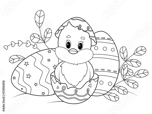 Newly hatched Easter chicken. Children coloring book. Raster.