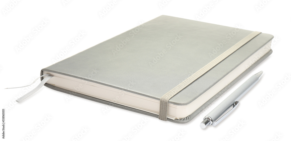 Closed grey notebook with pen isolated on white Closed grey notebook with pen isolated on white