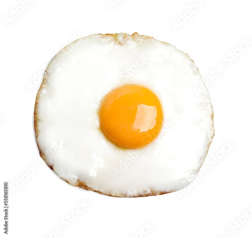Delicious fried egg isolated on white, top view