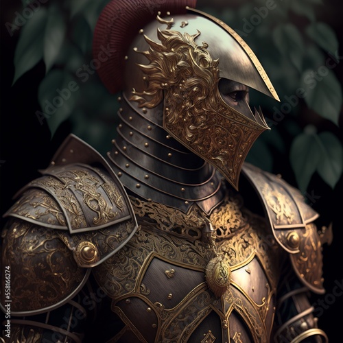 Medieval knight in golden armor. Digital illustration AI