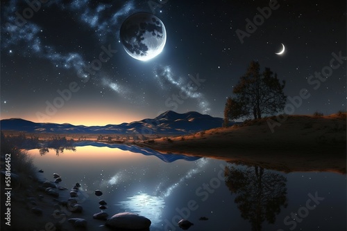 Lake landscape with mountains and full moon in the sky. AI