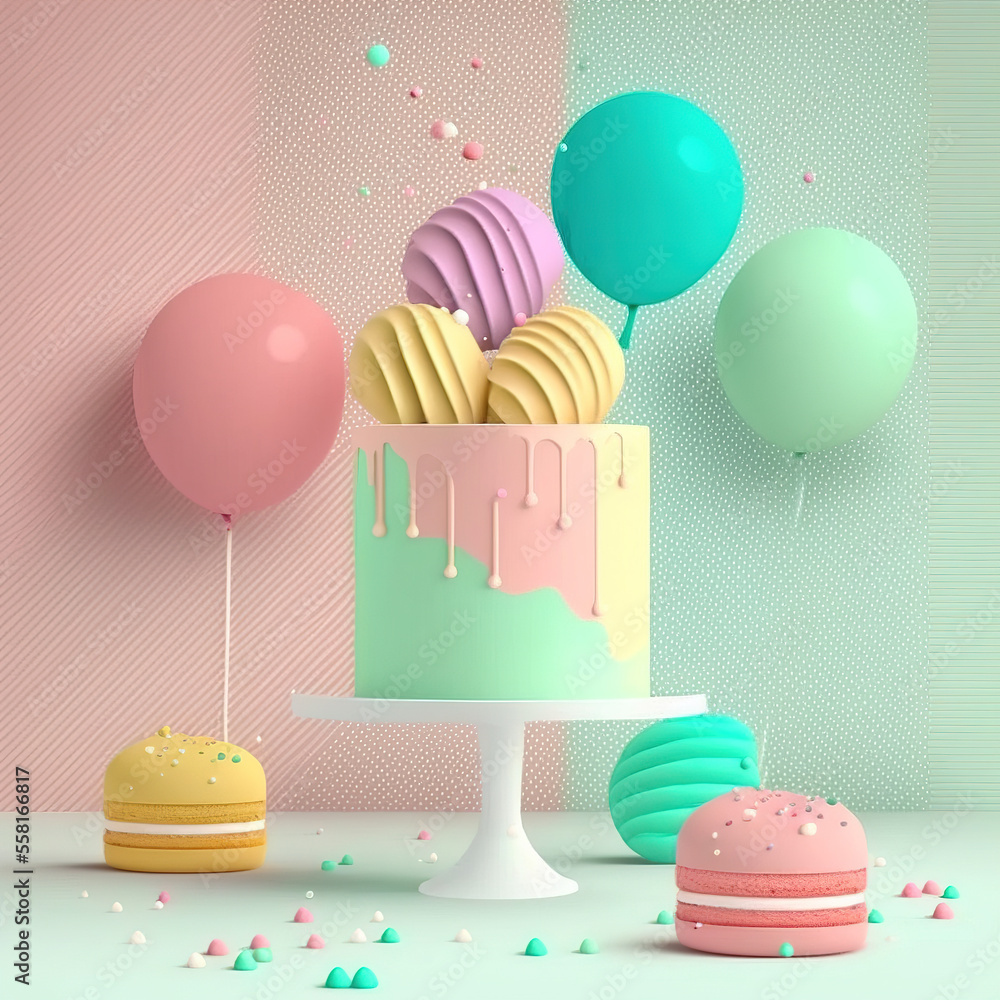 Delicious birthday cake in beautiful colors. Generative AI - obrazy, fototapety, plakaty 