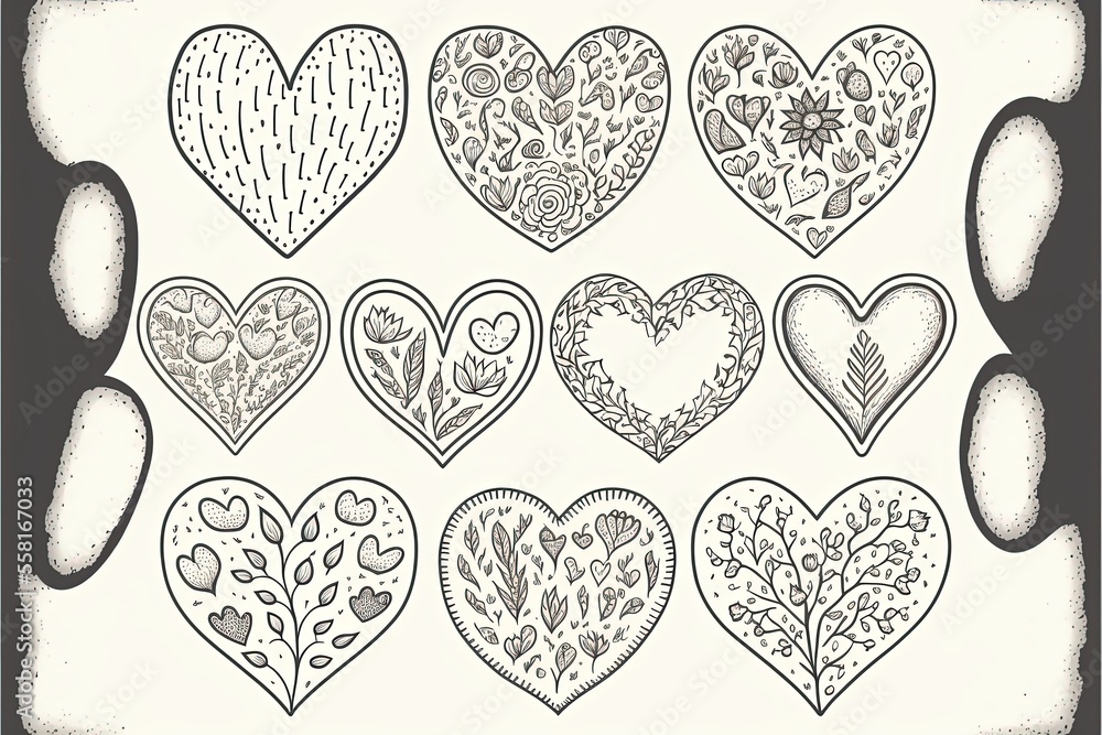 Heart generative ai illustration. Love icon of black hearts with flowers scribble. Cartoon doodle design isolated on white background. Thin stripes. Elements for Valentines. Heart generative ai illustration. Love icon of black hearts with flowers scribble. Cartoon doodle design isolated on white background. Thin stripes. Elements for Valentines.