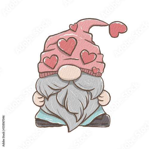 Sweet Colorful Gnome Man wearing a hat decorated with hearts. Digital paint watercolor style with paper texture. Decoration for any design. Illustration about Valentine Day theme.