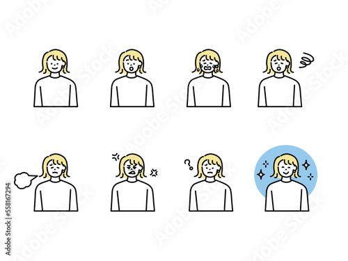人物の表情イラスト3(女性、アイコン、アバター、笑う、泣く、落ち込む、驚く、怒る、知る)