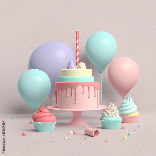 Delicious birthday cake in beautiful colors. Generative AI