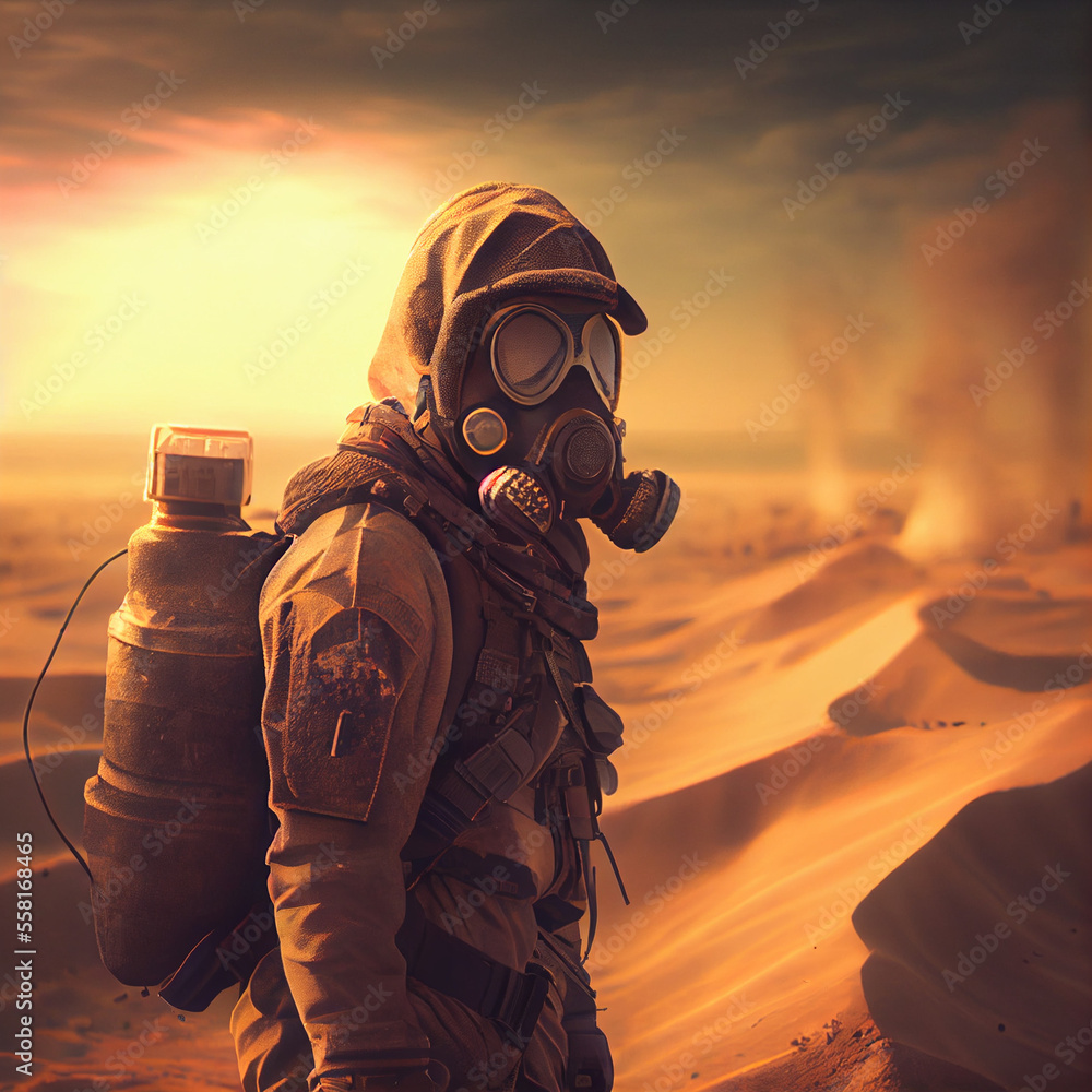 A solder patrolling in a postapocalyptic land, generative ai A solder patrolling in a postapocalyptic land, generative ai