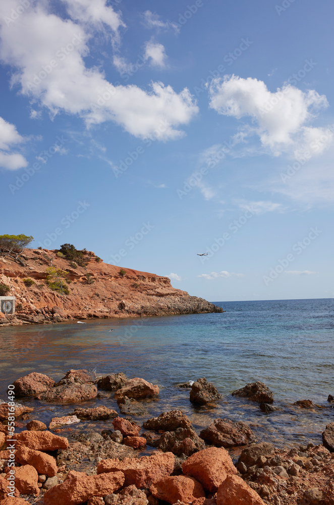 Ibiza, Spain - August 27, 2022 : View of Sa Caleta beach Ibiza, Spain - August 27, 2022 : View of Sa Caleta beach