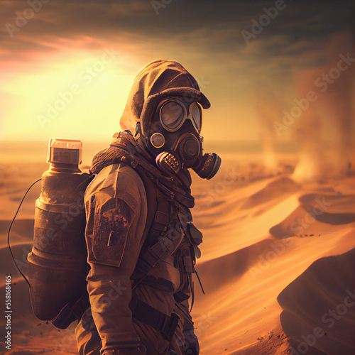 A solder patrolling in a postapocalyptic land, generative ai