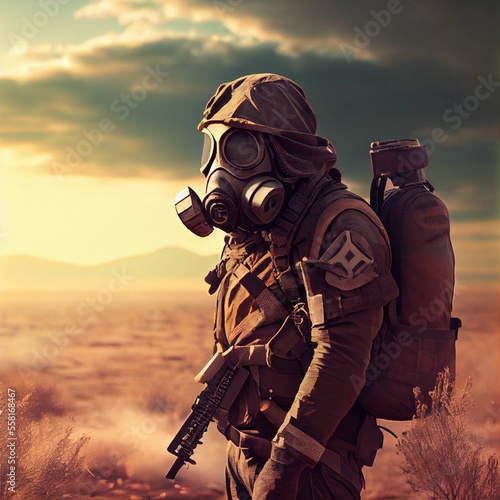 A solder patrolling in a postapocalyptic land, generative ai