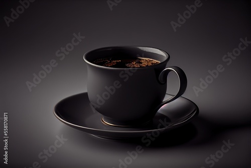black cup of black coffee on black background, generative ai