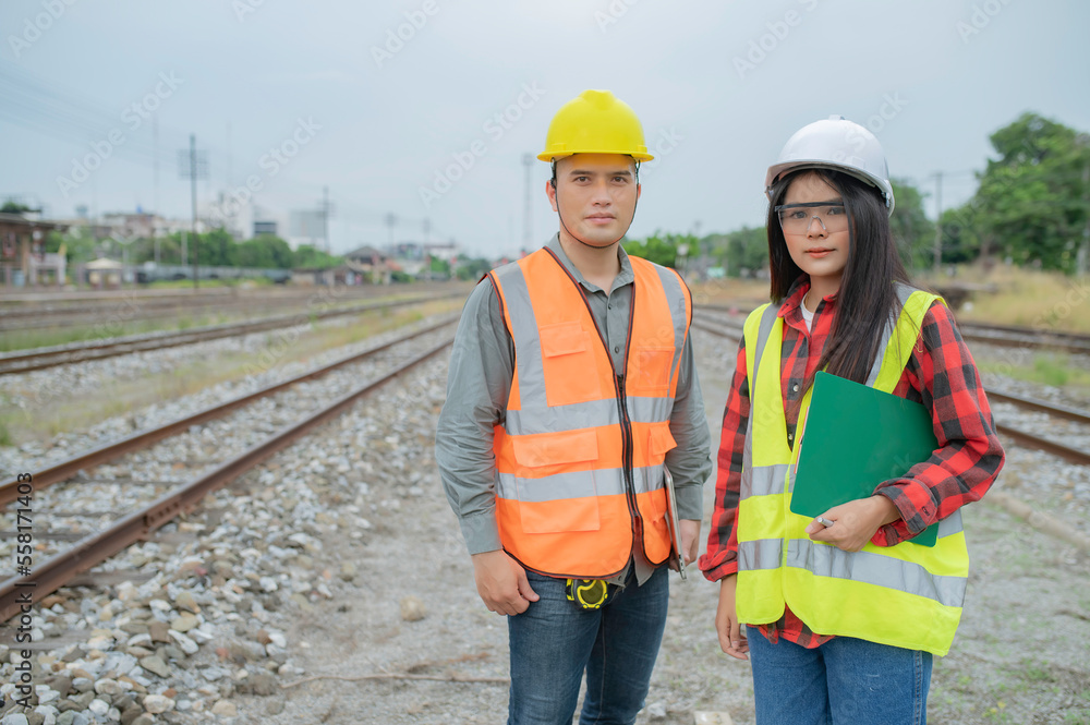 Two engineer working at train station,Work together happily,Help each other analyze the problem,Consult about development guidelines Two engineer working at train station,Work together happily,Help each other analyze the problem,Consult about development guidelines