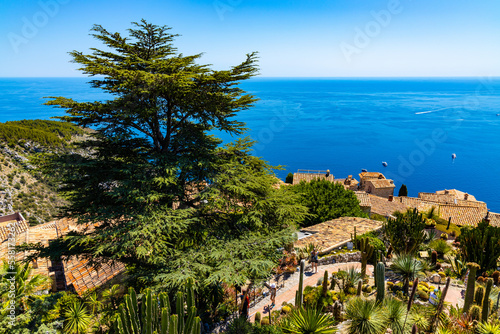 Panoramic view of Azure Cost of Mediterranean Sea and St. Jean Cap Ferrat cape with seascape villas in historic town of Eze in France