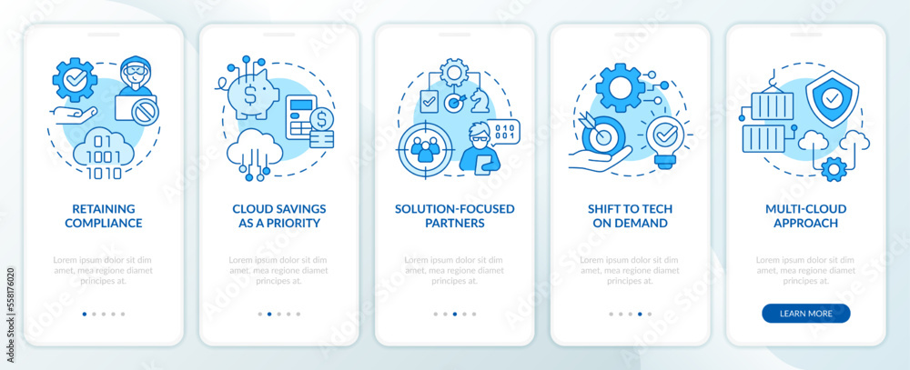 Cloud computing trends benefits blue onboarding mobile app screen. Walkthrough 5 steps editable graphic instructions with linear concepts. UI, UX, GUI template. Myriad Pro-Bold, Regular fonts used