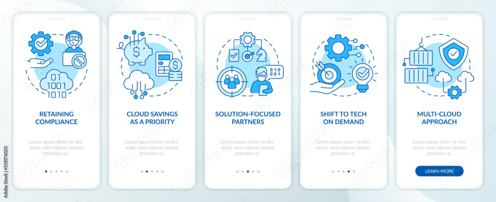 Cloud computing trends benefits blue onboarding mobile app screen. Walkthrough 5 steps editable graphic instructions with linear concepts. UI, UX, GUI template. Myriad Pro-Bold, Regular fonts used Cloud computing trends benefits blue onboarding mobile app screen. Walkthrough 5 steps editable graphic instructions with linear concepts. UI, UX, GUI template. Myriad Pro-Bold, Regular fonts used