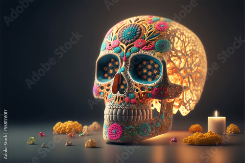 ugar Skull, Calavera, to celebrate Mexicans Day of the Dead, dia de los muertos , 3d print, candel light, generative ai photo