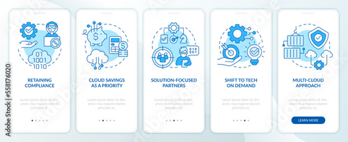 Cloud computing trends benefits blue onboarding mobile app screen. Walkthrough 5 steps editable graphic instructions with linear concepts. UI, UX, GUI template. Myriad Pro-Bold, Regular fonts used