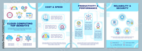 Cloud computing top benefits turquoise brochure template. Leaflet design with linear icons. Editable 4 vector layouts for presentation, annual reports. Arial-Black, Myriad Pro-Regular fonts used