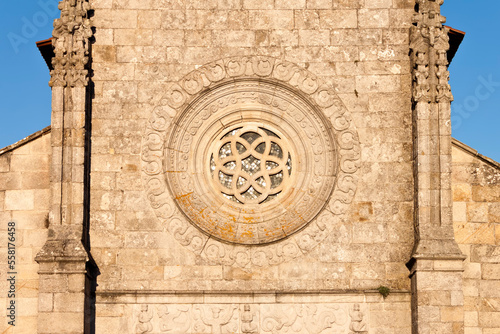 Rosette window in the facade of the Main Church of Our Lady of the Assumption in Caminha, Portugal.