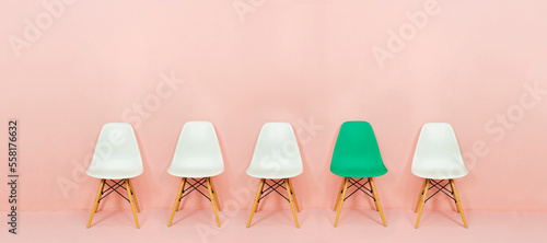 3D rendering of rows of white plastic and metal chairs with contrasting green on a pink background.