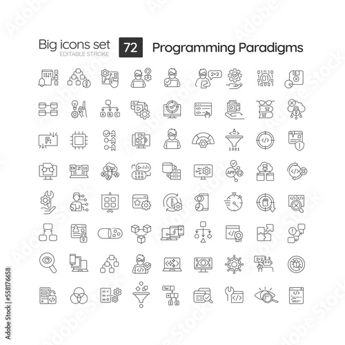 Programming language paradigms linear icons set. Building computer programs styles. Software engineering. Customizable thin line symbols. Isolated vector outline illustrations. Editable stroke